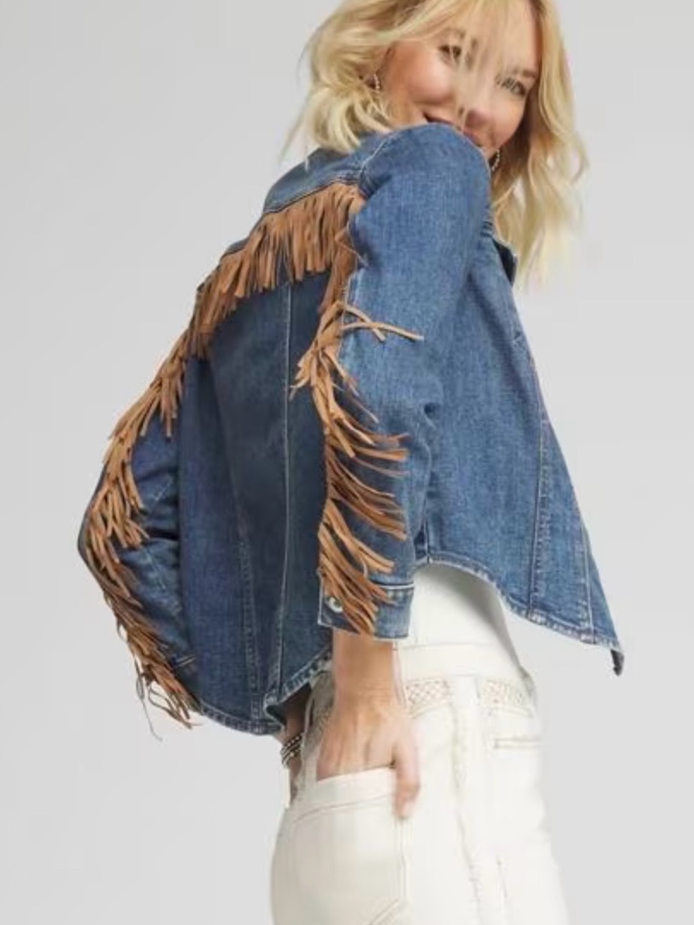 Fringed Light Blue Denim Jeans Jacket with Tan Suede Trim… Chicos SZ 0